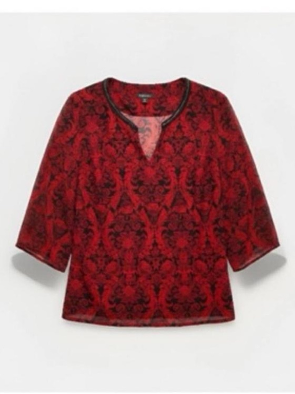 Roz & Ali Red and Black Damask Split-Neck 3/4 Sleeve Tunic